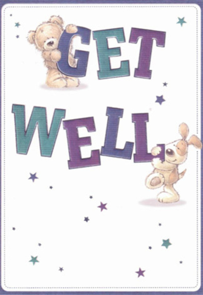 Celebrating gentle hope and encouragement, this get well card lights up with cheerful illustrations crafted to lift anyone's spirits in Walworth. At its heart, a friendly, fluffy bear and an exuberant puppy playfully frame the message, flecked with subtle highlights that suggest the morning sun peeking through trees along Old Kent Road. Stars, rendered in lively blues and purples, seem to dance around the duo, each one casting a silent wish into the calm, hospital-white background. Bold, rounded typography in vivid purples and aquas anchors the design, exuding strength and warmth like a bustling market in peak bloom. The tactile softness of fur, from the bear's plush belly to the silky ears of the puppy, is almost tangible-inviting the mind to reach out for comfort. The whole composition is lovingly arranged, every shape and color balanced with the same harmony that local florists in Walworth bring to each hand-crafted bouquet. Sending this card would be much like including a companion bouquet, turning a simple gesture into a wave of positivity and encouragement that might travel from Walworth Road to the heart of nearby Camberwell. The airy mood, woven through with sincerity and childlike innocence, wraps the recipient in the sort of genuine care that makes recovery feel just a little lighter and brighter.